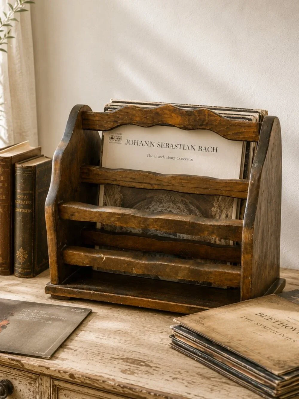 Vintage Primitive Rustic Pine Wood Magazine Rack Record Holder